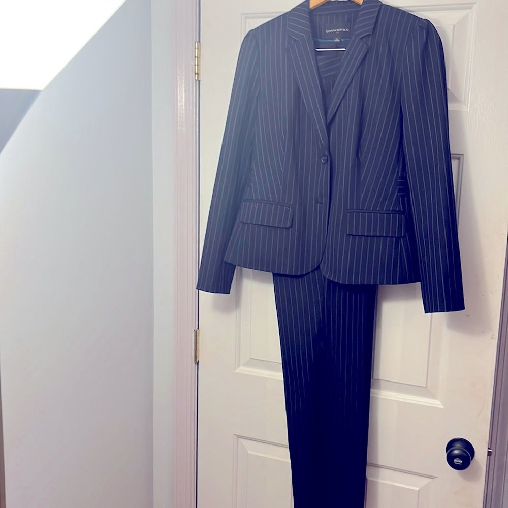 Navy pinstriped suit